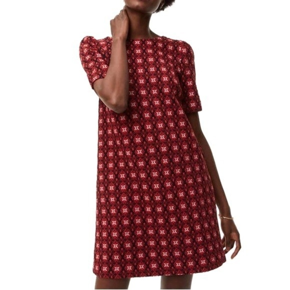 LOFT Red Black Geometric Medallion Shift Dress Crew Neck Short Sleeve Size 4